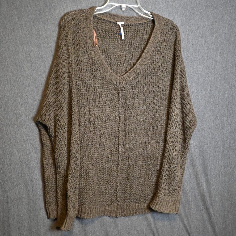 Free People Women's M V-Neck Knit Oversized Sweater Chunky Boho
